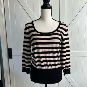 White House Black Market WHBM Black Cream Striped Sweater Top Knit Scoop Size L